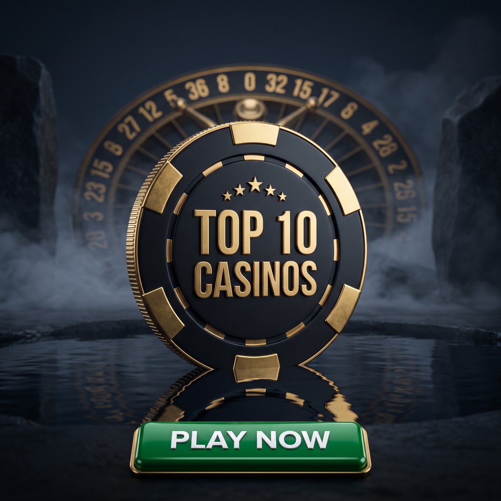 Gold-rimmed casino chip reading Top 10 Casinos, with a roulette wheel behind it